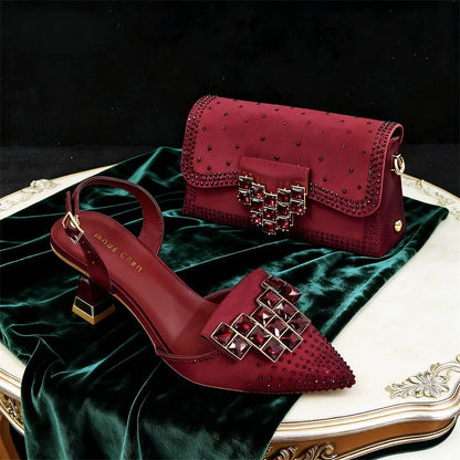 Italian Fashion Design Shoes and Bags Matching Set  High Heels green Color Rhinestones Elegant Women Shoes for Party