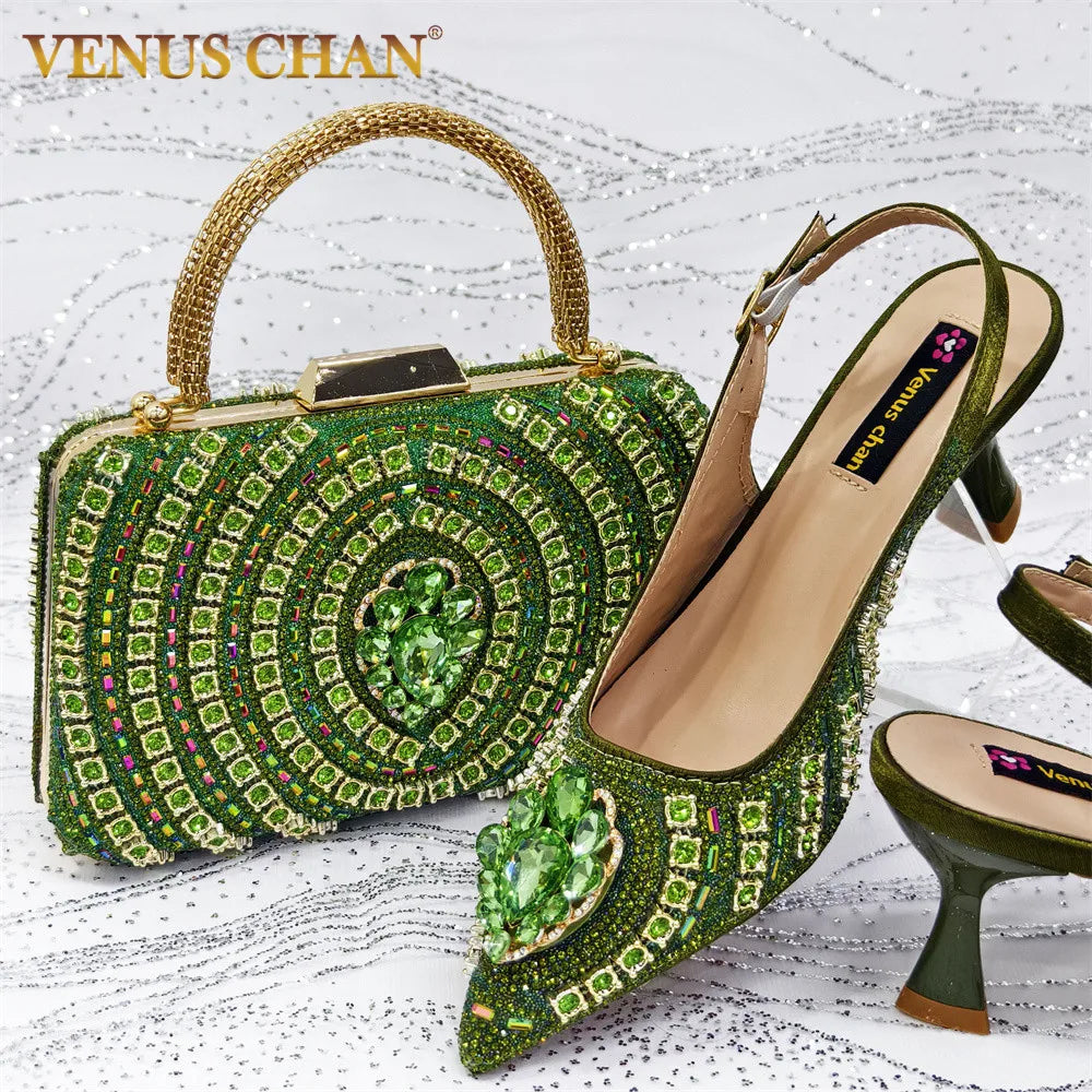 Venus Chan 2025 Elegant Fruit Green Women's Green Heels and Rhinestone Handbag Set - Italian Design for Weddings and Parties
