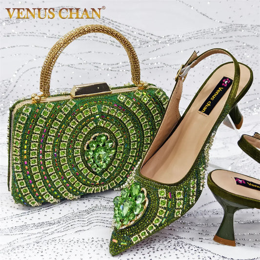 Venus Chan 2025 Elegant Fruit Green Women's Green Heels and Rhinestone Handbag Set - Italian Design for Weddings and Parties