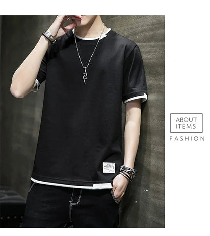 Classic Fake Two Short Sleeved Men's Pure Cotton T-shirt, Men's Summer Men's Interior Matching Trendy Brand T-shirt