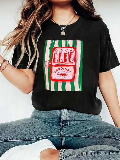 American Y2k Sardine Pattern Printing Women's Casual T-shirt Summer Y2k Multifunctional Street Clothing Short-sleeved Top