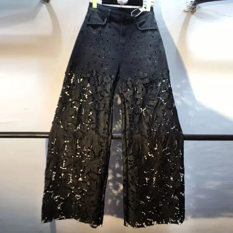 Summer New Heavy Embroidery Rhinestone Denim Patchwork Hook Flower Hollow Lace Straight Leg Wide Leg Pants Casual High Waist ...