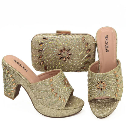 Women's Shoes High Heels Sexy Ladies Party Wedding Pattern Embroidery Mules Shoes and Bags Set for Italian