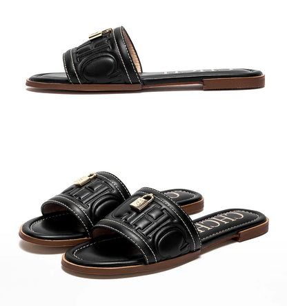 Woman Flat Shoes Summer New Solid Color Embossed Sandals Simple Fashion Slippers For Girl Students Shoes