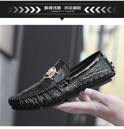 Slip-On Men's Shoes Crocodile Pattern 2025 Spring and Summer Fashion British Trendy Bright Leather Shiny Lazy Casual Beanie Shoes Handmade