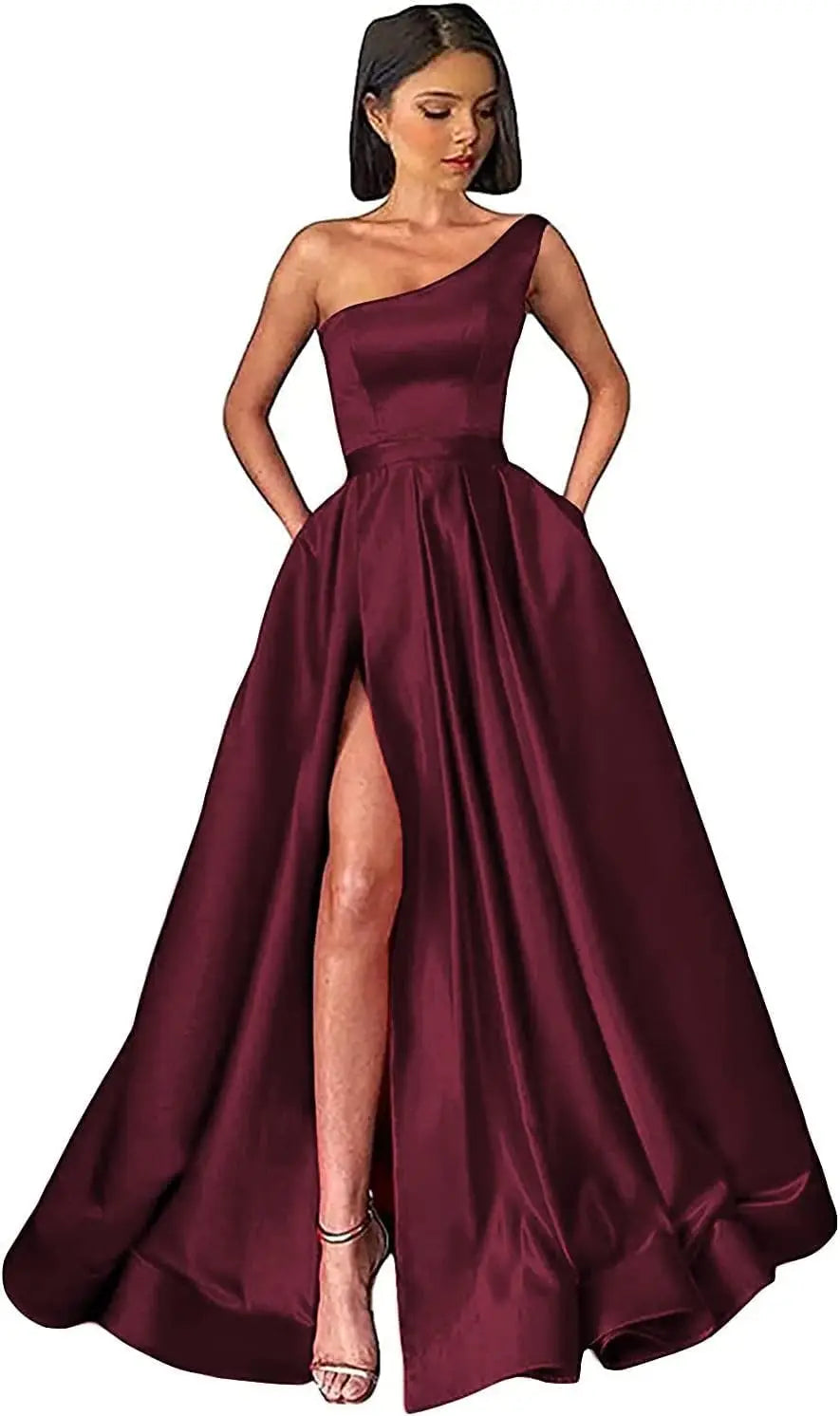 Women's One Shoulder Prom Dresses with Pocket High Slit Pleated Satin Corset Formal Gowns Evening Dress A Line Bridesmaid Gown
