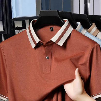 High quality men's short sleeve polo shirt new breathable and fashionable color blocked collar T-shirt summer ice silk cool top