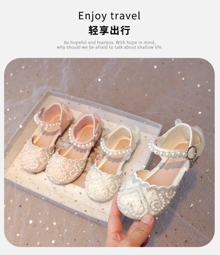 2025Summer Girls Sandals With Heel Fashion Rhinestone Shiny Glitter Shoes Children Princess Bowtie Pearl Dancing Shoes