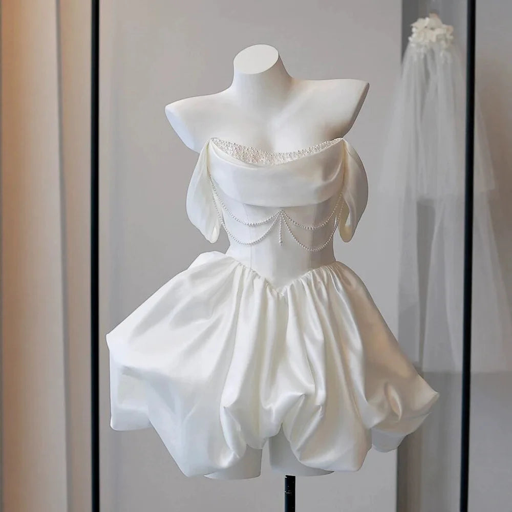 Mini Short Wedding Party Dresses Wedding Photoshoot Strapless Beaded Taffeta Bolero Bride Gowns Corset Back Customized