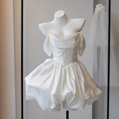 Mini Short Wedding Party Dresses Wedding Photoshoot Strapless Beaded Taffeta Bolero Bride Gowns Corset Back Customized