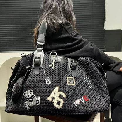 Fashionable women's mesh nylon adhesive tote bag, large capacity splicing shoulder bag, short distance travel casual handbag