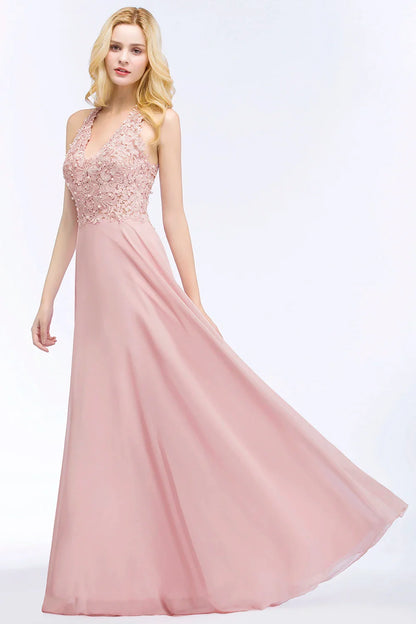 Vestido de Madrinha com Gola Halter Renda Pérolas Corpete Saia Longa até o Chão Chiffon Sexy Costas Abertas Roupa de Casamento