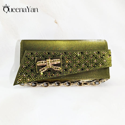 Elegant Women's Peep-Toe Heels and Matching Olive Color Diamond Pumps Set Stylish Italian Shoes and Bags for Parties