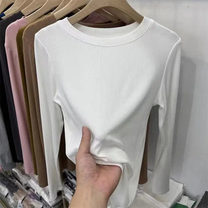 Outono Escritório Senhora Básica Gola Redonda Slim T-Shirt Feminina Cor Sólida Multicor Tendência Versátil Casual Top Manga Longa Elástico Canelado