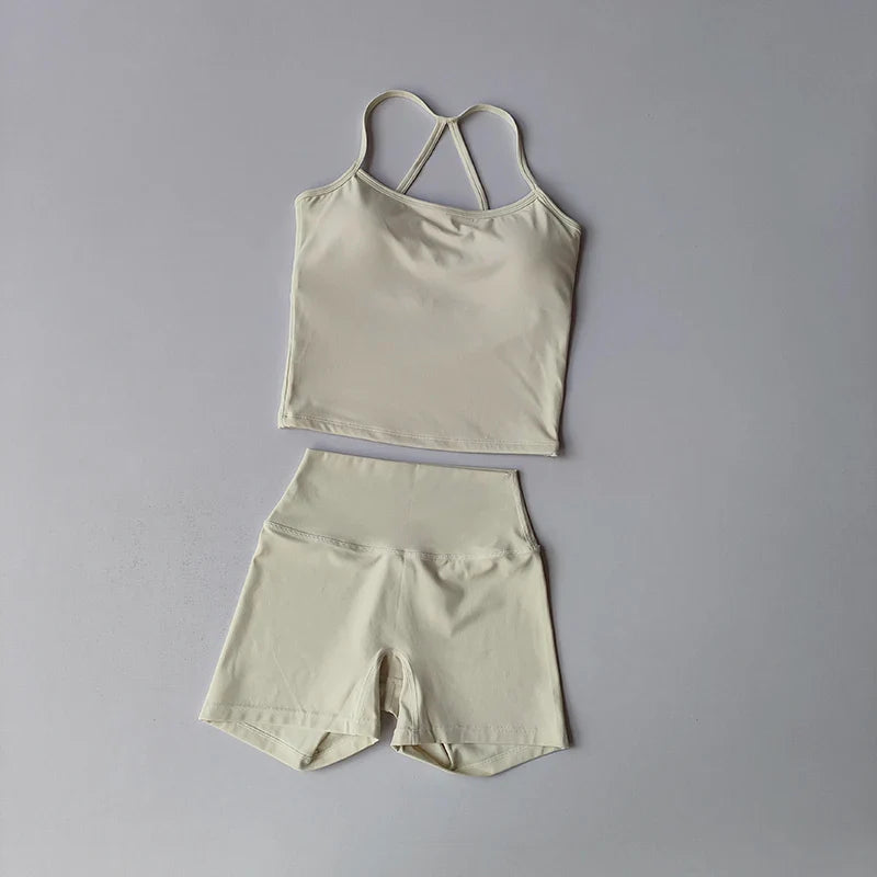 Women's yoga exercise set, popular slim shoulder yoga vest paired with high waisted, waist hugging, naked yoga three part shorts