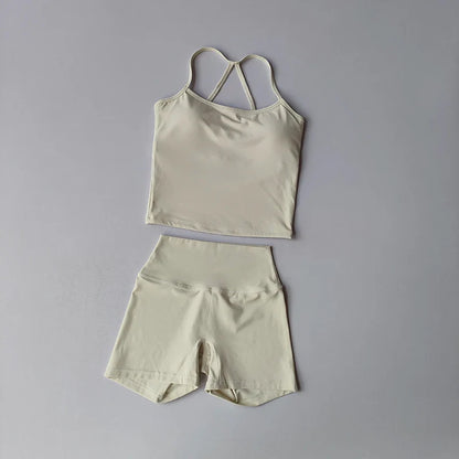 Women's yoga exercise set, popular slim shoulder yoga vest paired with high waisted, waist hugging, naked yoga three part shorts