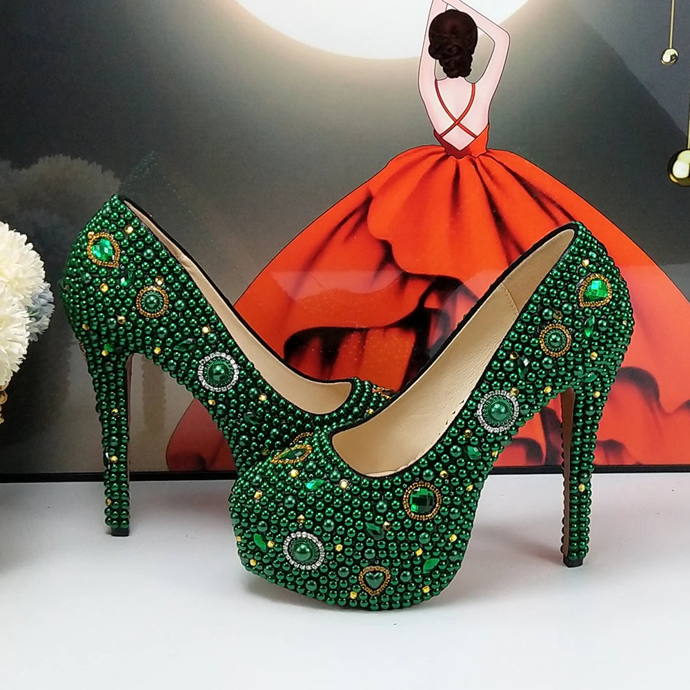 Fashion New arrival Green Pearl Bridal shoes and Bag Set woman party dress shoes Big size ankle Strap Buckle Shoes High Pumps