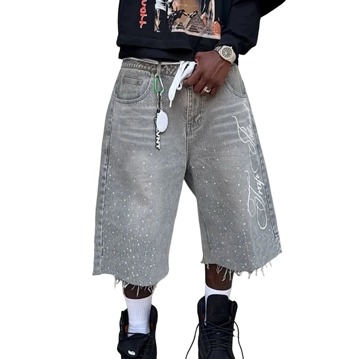 Men s Stylish Knee-Length Denim Shorts with Embroidered Logo and Rhinestone Detailing for Summer Casual Wear