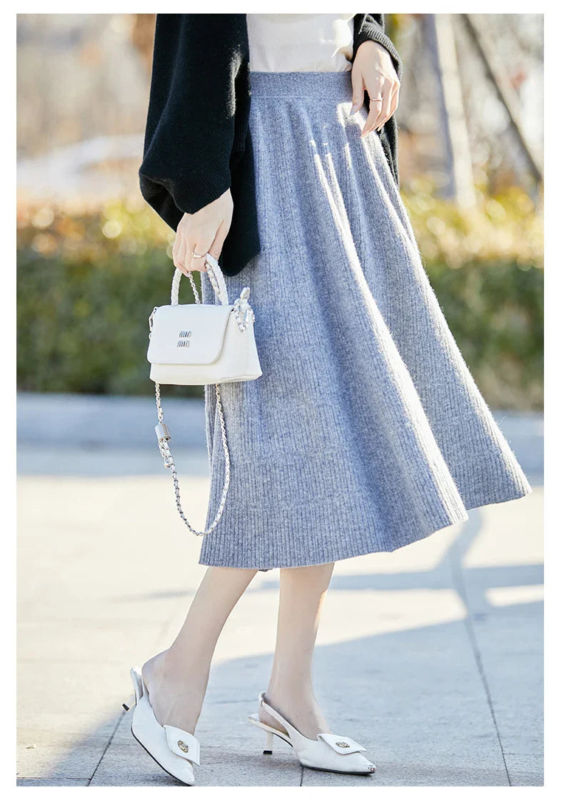 Autumn And Winter High Waist 100% Pure Wool Skirt Female Slim Long Knitted Wool Skirt Loose Wearing A-Line Skirt