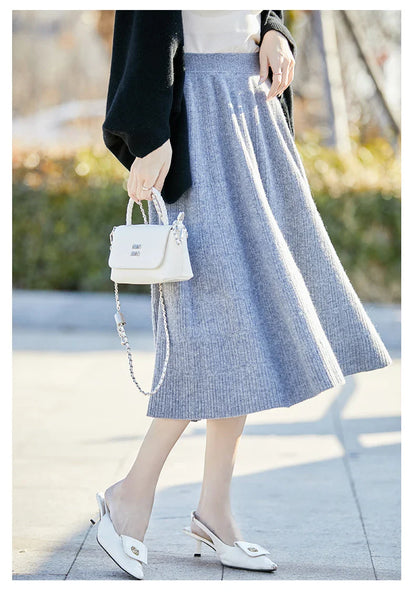 Autumn And Winter High Waist 100% Pure Wool Skirt Female Slim Long Knitted Wool Skirt Loose Wearing A-Line Skirt