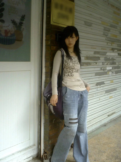Karrram Camiseta Japonesa Y2k com Estampa de Letras Trashy Estilo Anos 2000 Blusas Caneladas de Manga Comprida Vintage Harajuku Streetwear Retrô Americano