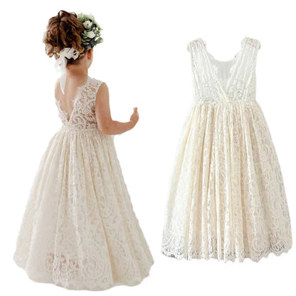 Princess Girls Lace Bohemia Long Dresses Baby Kids Flower Wedding Party Dress Cotton Lining Vestidos Costume Children Clothing