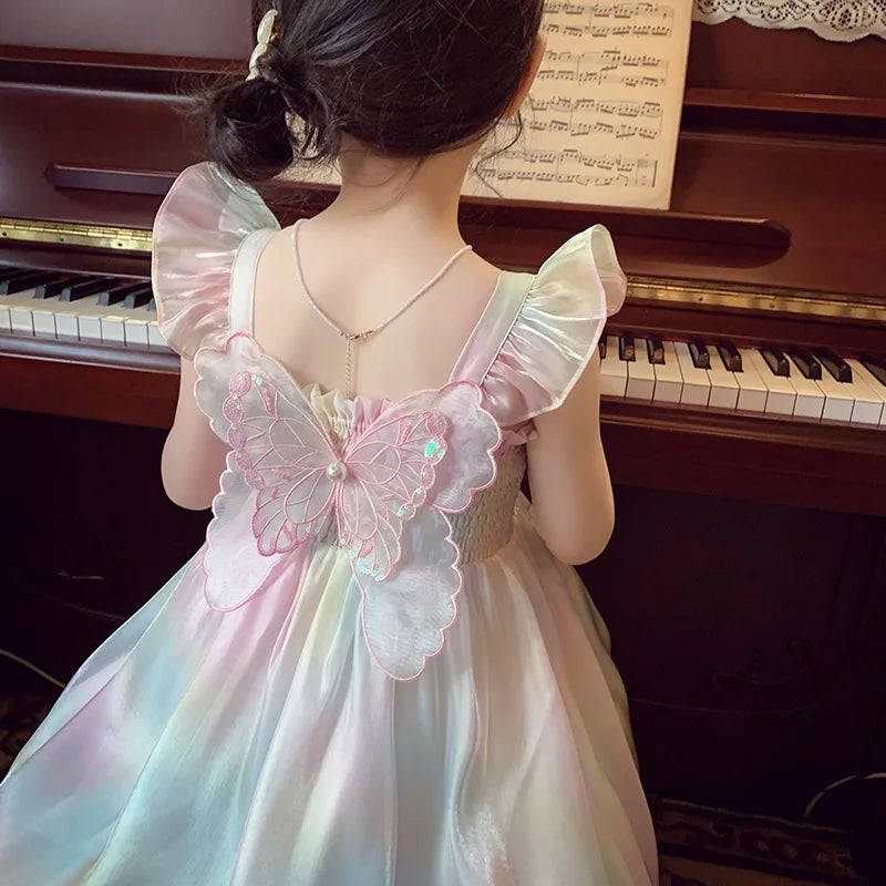 Rainbow Color Fancy Butterfly Dress for Baby Girls Summer Tie Dye Elastic Bust Mesh Frock Toddler Cute Casual Suspenders Robes
