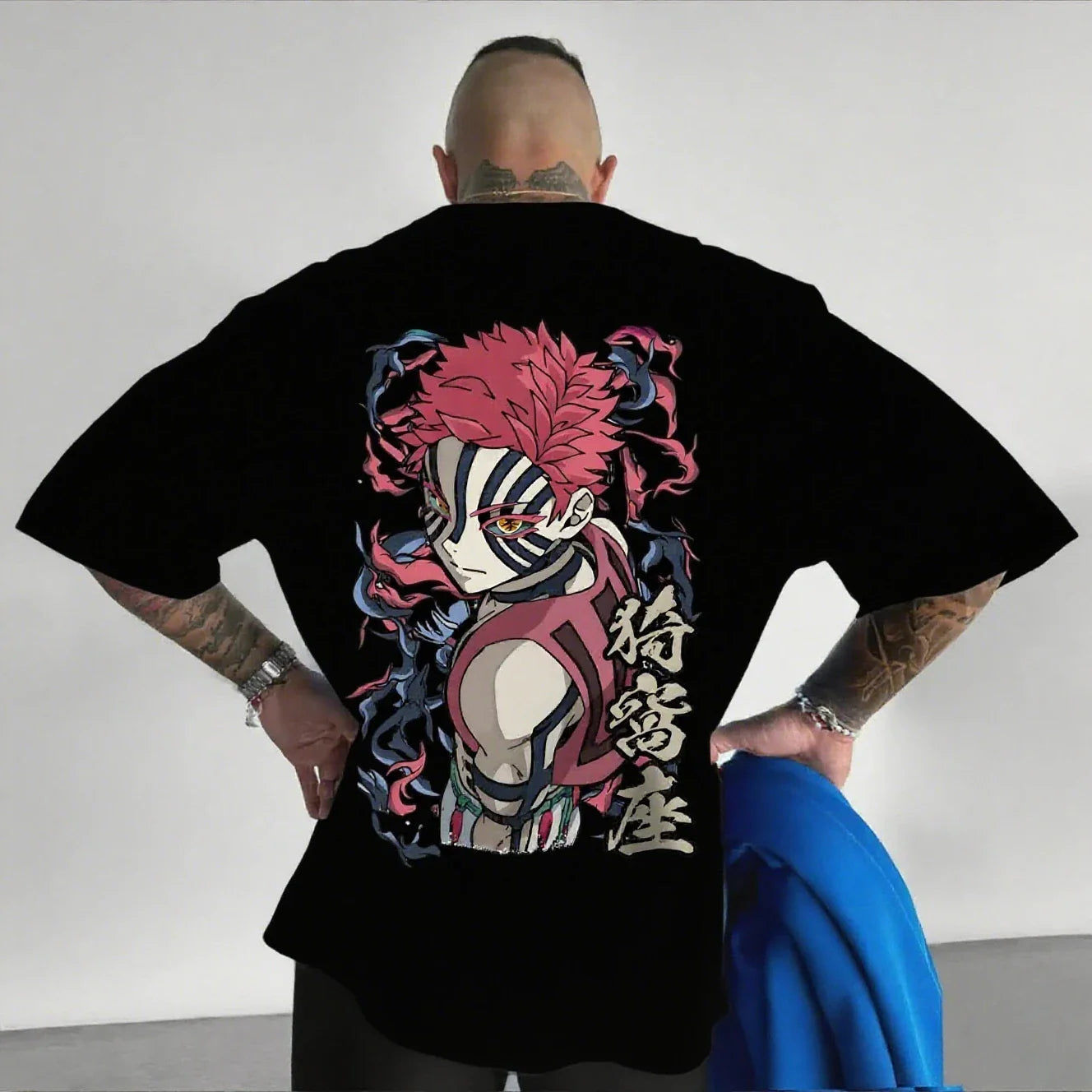 Camiseta Masculina Demon Slayer Akaza Anime Oversized Algodão Feminina Manga Curta Tops Verão Streetwear Gráfica Casual Roupa Y2k