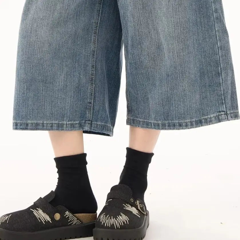Retro Back Flap Pocket Pants Plaid Splicing Denim Shorts for Women