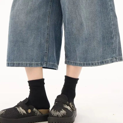 Retro Back Flap Pocket Pants Plaid Splicing Denim Shorts for Women