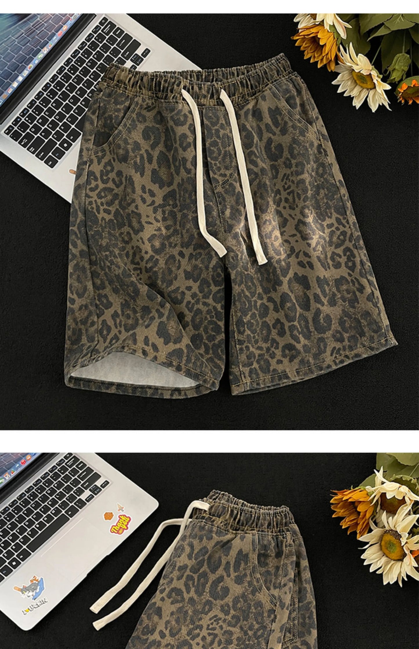 Men Leopard Denim Shorts Summer Thin American High Street Drawstring Casual Pants Loose Popular Versatile Handsome Trousers