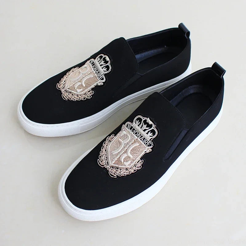 Sapatênis Masculino Novo Casual Preto Camurça Couro Festa Luxo Bordado Sapatilha Mocassim Slip-On