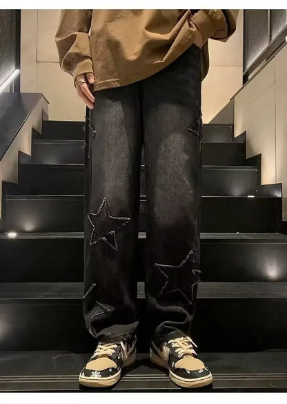 Star Embroidered Straight Casual Men's Jeans Y2K Gothic Unisex New Wide-leg Loose, Comfortable Fashionable Youth Street Jeans