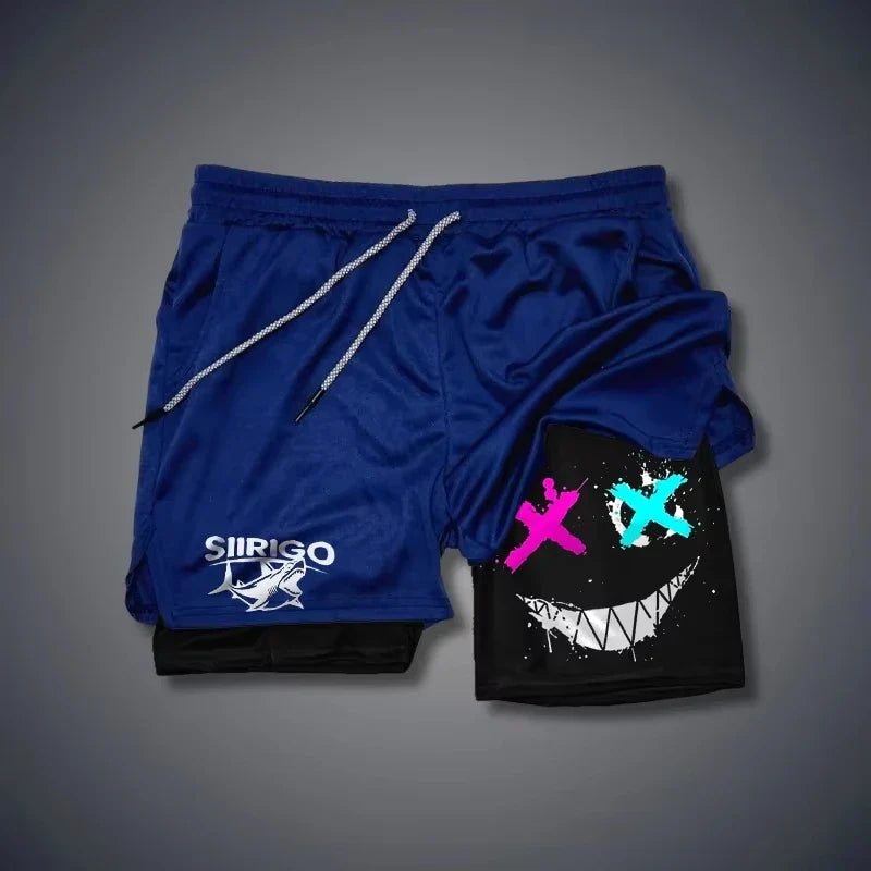 2024 Men's Smiling Face Printed Fitness Shorts Double-Layer 2-in-1 Quick Drying Fitness Outdoor Leisure Training Sports Shorts