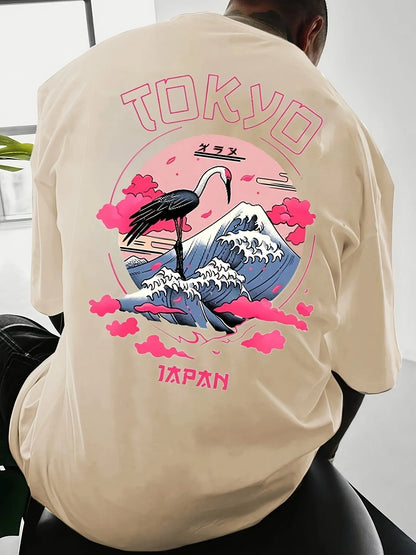 Men's summer 100% cotton Tokyo casual pattern printed fashionable and casual loose round neck short sleeved T-shirt top