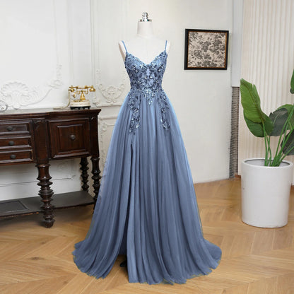 Sexy Maxi Train Evening Dresses Spaghetti Straps V-Neck Sequin Appliques Backless Prom Dress Tulle A-Line High Split Sling Gowns