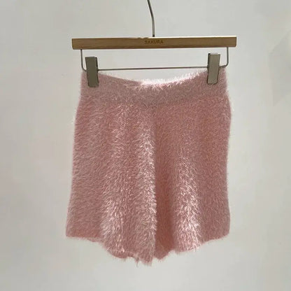 Women's Autumn Winter Faux Mink Hair Shorts Sweet Soft High Waist Slim Hairy Elasticity Shorts Fashion Knitting Homewear Shorts