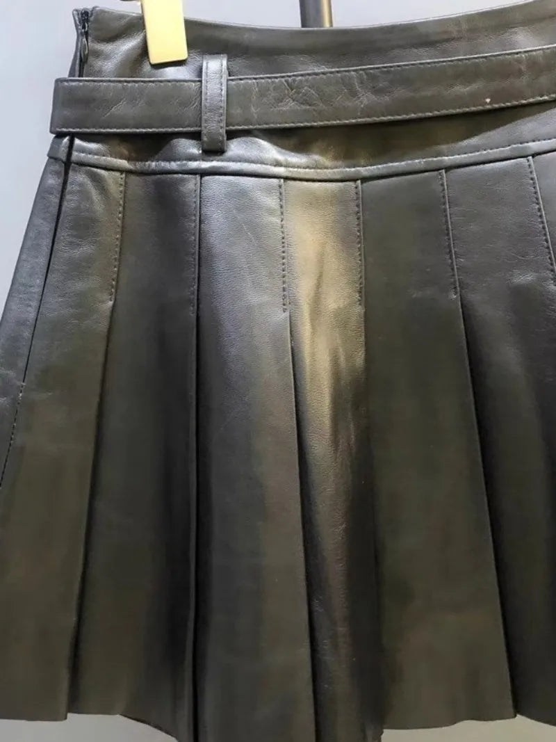 Autumn Women Sweet Sheepskin Genuine Leather Pleated Skirt High Waist Belt Fashion Casual Party Solid Color A Line Short Skirts