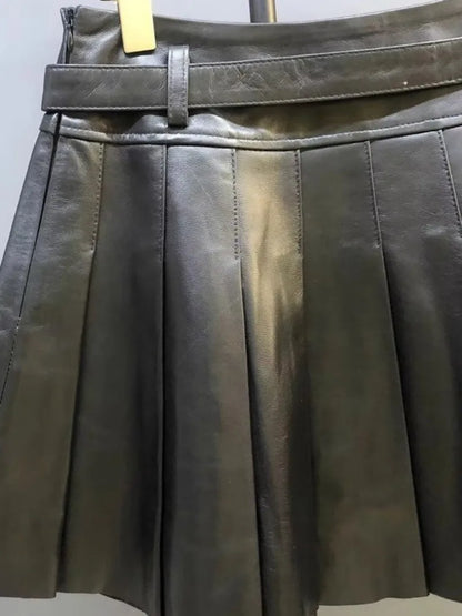 Autumn Women Sweet Sheepskin Genuine Leather Pleated Skirt High Waist Belt Fashion Casual Party Solid Color A Line Short Skirts