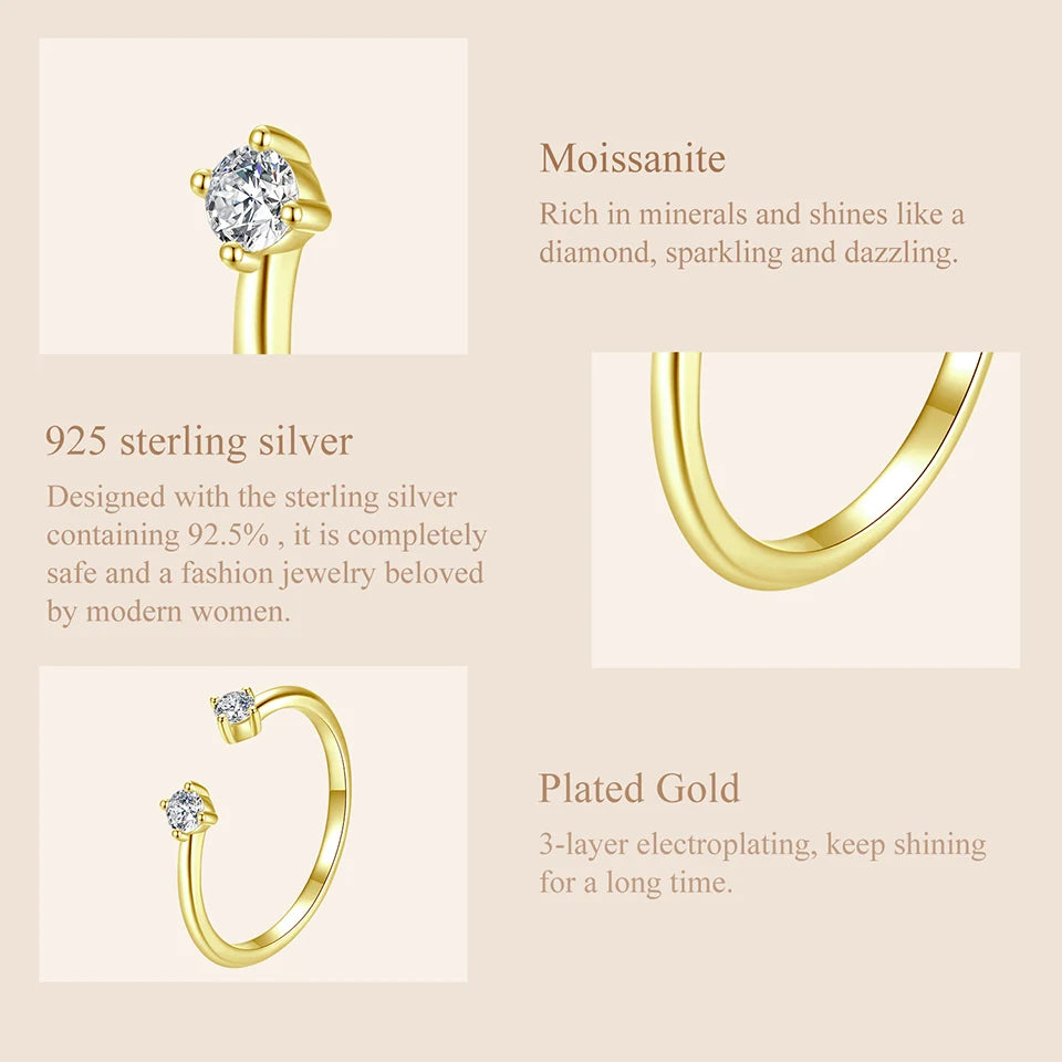 Moissanite White Gold Plated Adjustable Ring 925 Sterling Silver Exquisite Open Ring for Women Fine Jewelry Gift