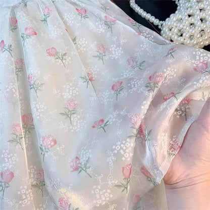 2 3 4 5 6 8 Years Girls Princess Dress Summer New Full Print Flowers Puff Sleeve Bow Mesh DresseTutu Birthday Party Gown