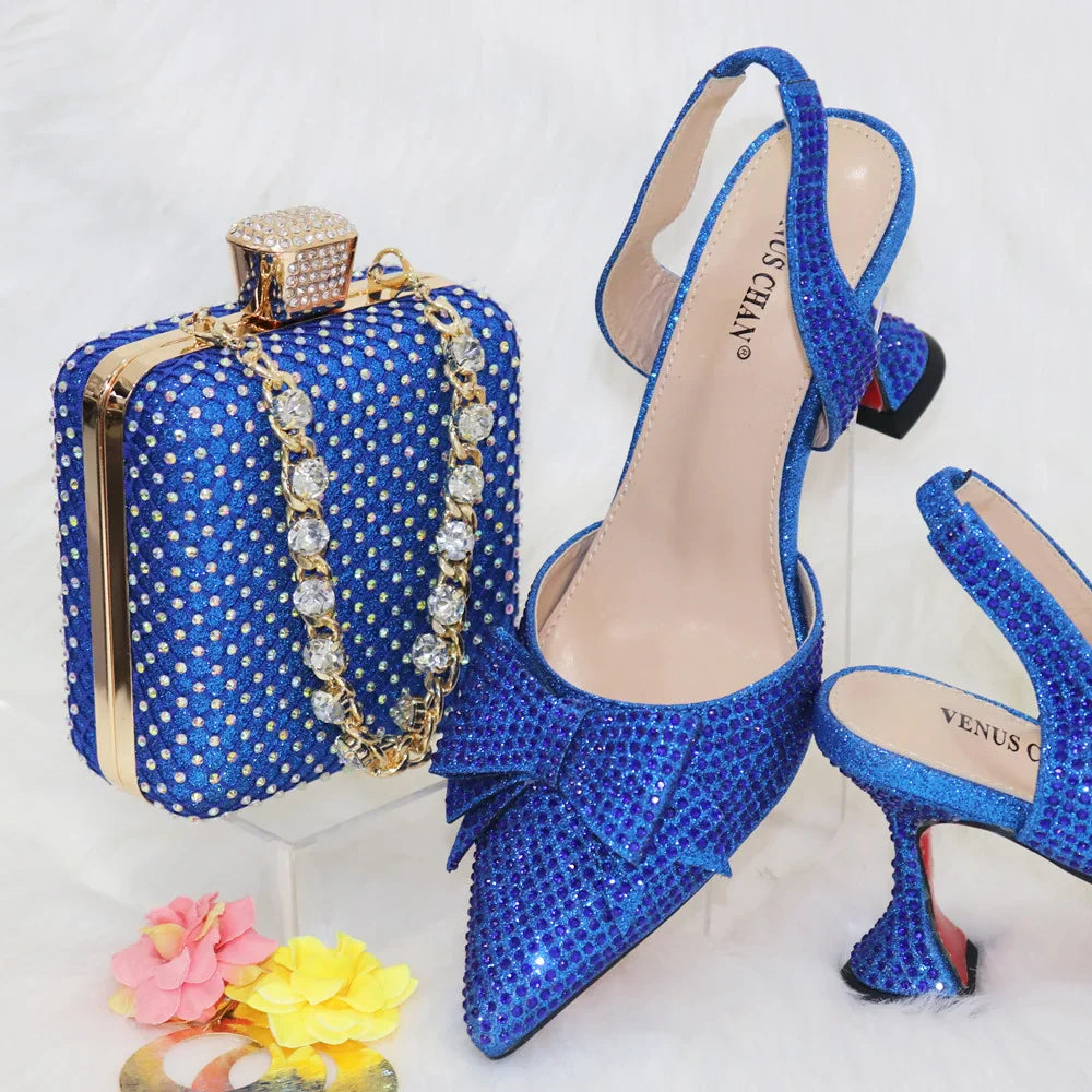 Gold 2024 Heels for Women Pointed Toe With Bows Gold Color Rhinestone  Elegant Party Wedding Shoe and Bag Set