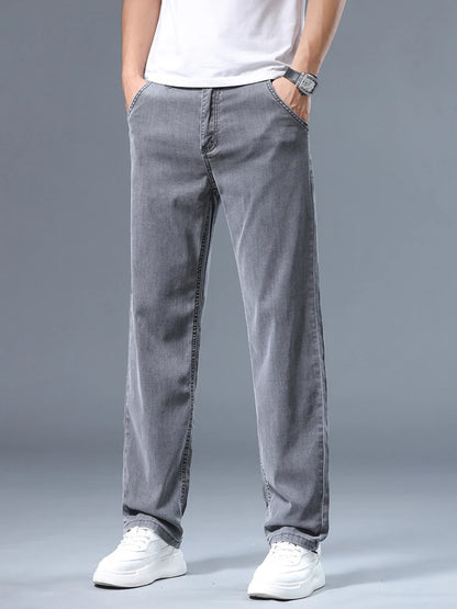 Summer Thin Men's Loose Straight Jeans Lyocell Soft Drape Business Casual Trousers Classic Smoke Gray Brand Ice Silk Pants