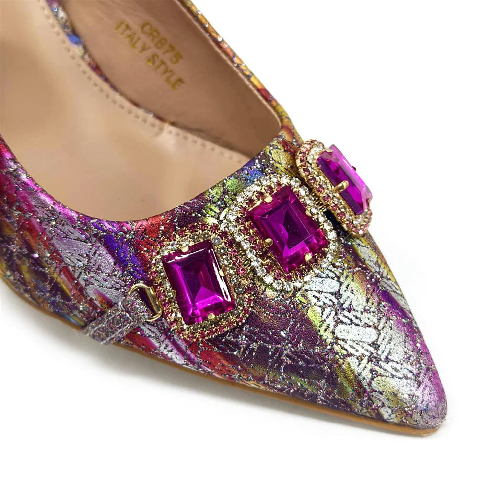 Rhinestone Pointed-Toe High Heels Shoes and Bags Set for Women Wedding and Party Elegant Luxury Fashion in Wine Color