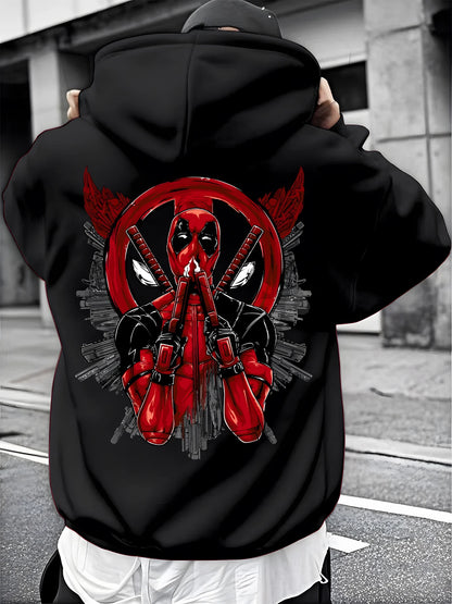 Moletom Masculino Preto com Estampa Vermelha Deadpool Padrão de Super-herói Pulôver Marvel 100% Algodão Estilo Casual de Rua com Bolso Frontal