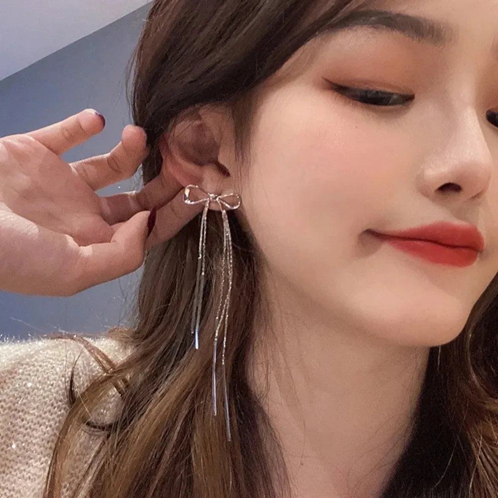 Exquisite Silver Color Ribbon Long Tassel Bowknot Drop Dangle Earrings for Women Charm Stainless Steel Party Jewelry Accessories