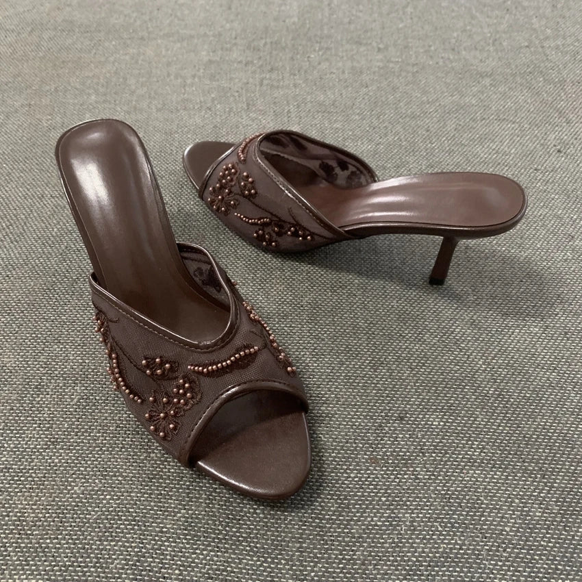 2026 Elegant Brown String Bead Mesh Embroider Slippers Women Summer Sexy Peep Toe High Heels Mules Sandals Luxury Designer Shoes