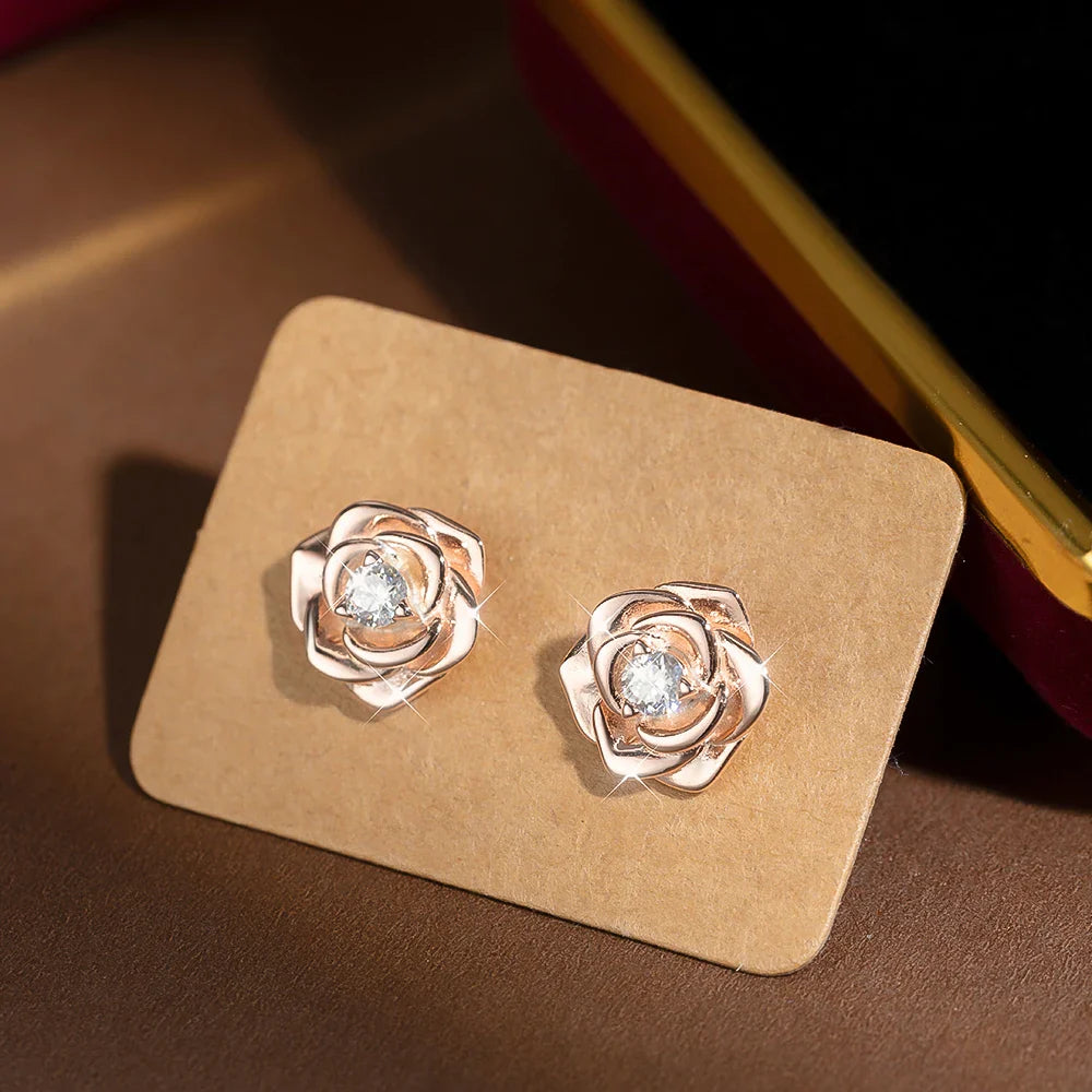 100% 925 Sterling Silver 3mm Moissanite Diamond Stud Earring For Women Romantic Rose Flower Earring Sparkling Fine Jewelry