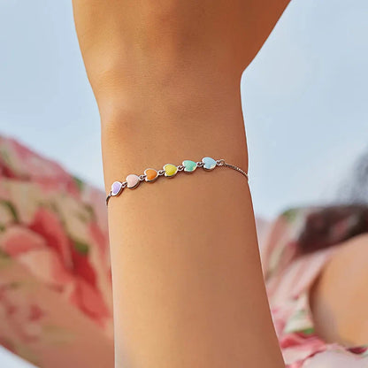 bamoer Rainbow Color Enamel Heart Bracelet for Women Heart-shape  925 Sterling Silver Chain Bracelet Anti-allergy Jewelry SCB158