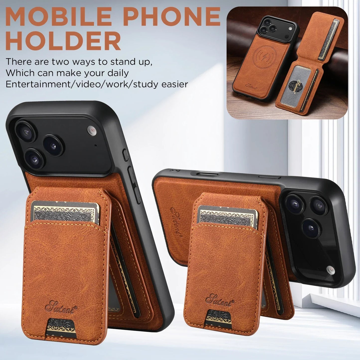 Wireless Charging Phone Case Magnet Card Holder Stand Faux Leather For iPhone 17 Pro Max 16 Plus 15 14 13 12